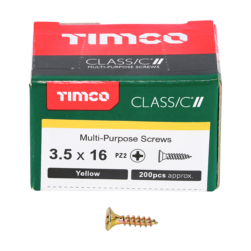 A green and red box of TIMCO CLASS/C Multi-Purpose Screws, 3.5 x 16mm, yellow, 200 pcs; one yellow screw in front.