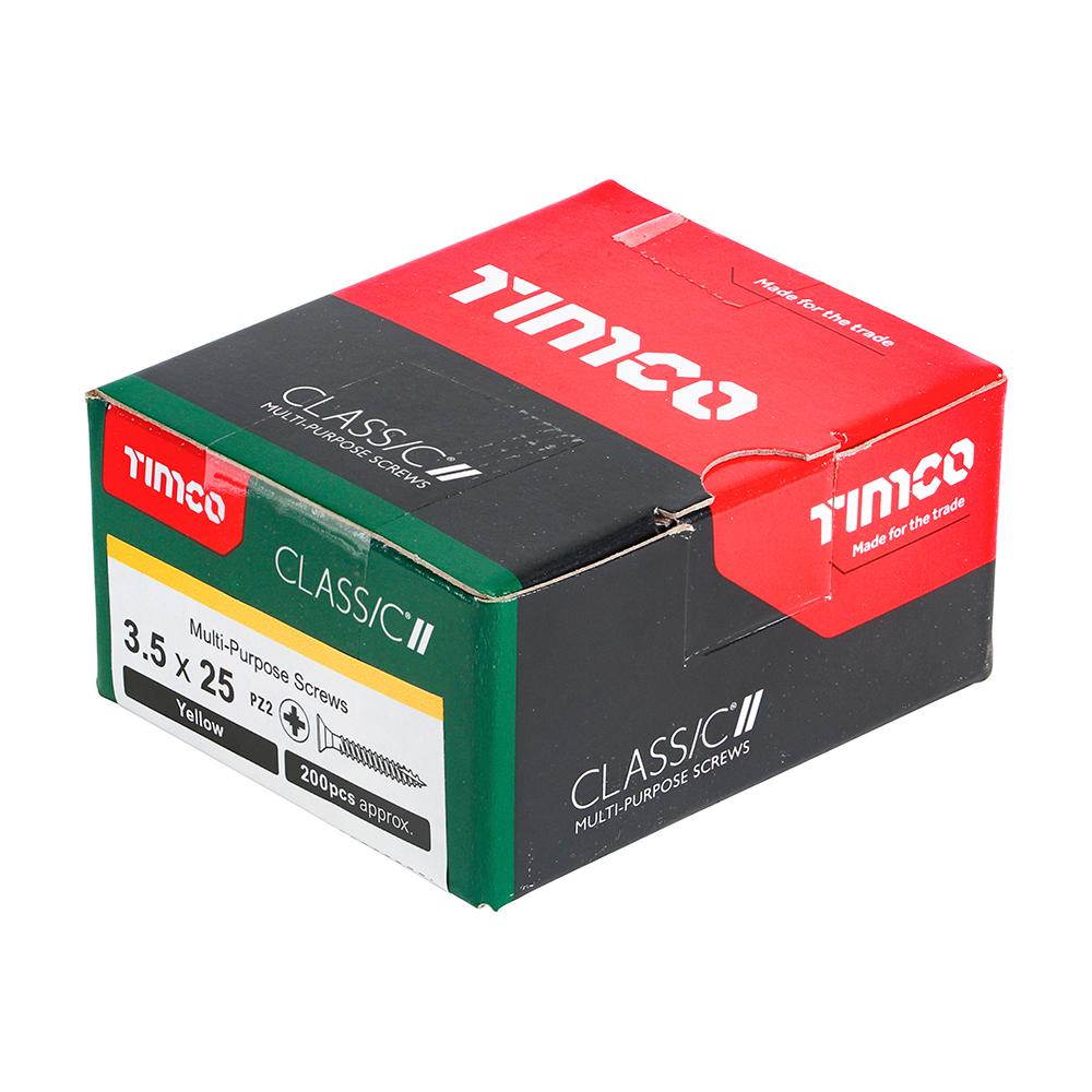 A box of Timco Classic multi-purpose screws, 3.5 x 25 mm, yellow, about 200 pieces. The box is mainly black, red, and green.