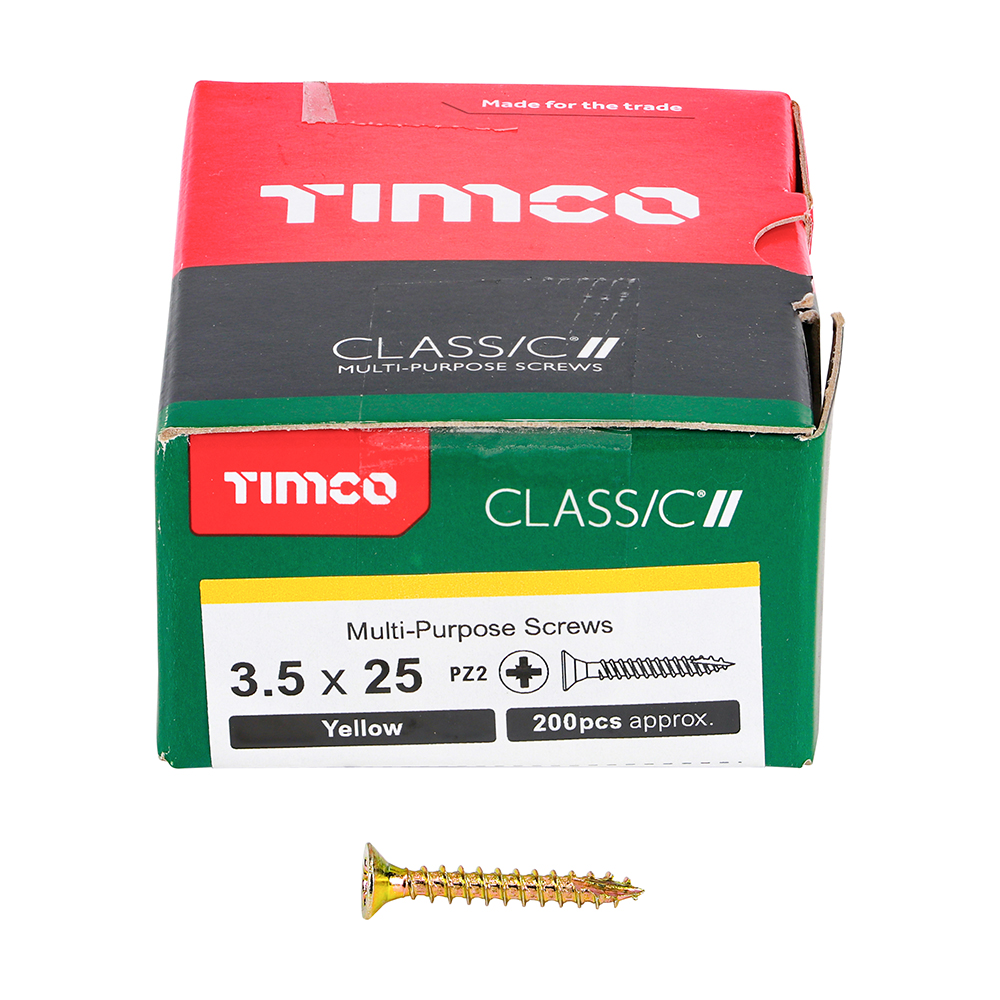 A box of TIMCO Class C multi-purpose screws (3.5 x 25 mm, yellow, PZ2, 200 pieces) with one screw in front on a white background.