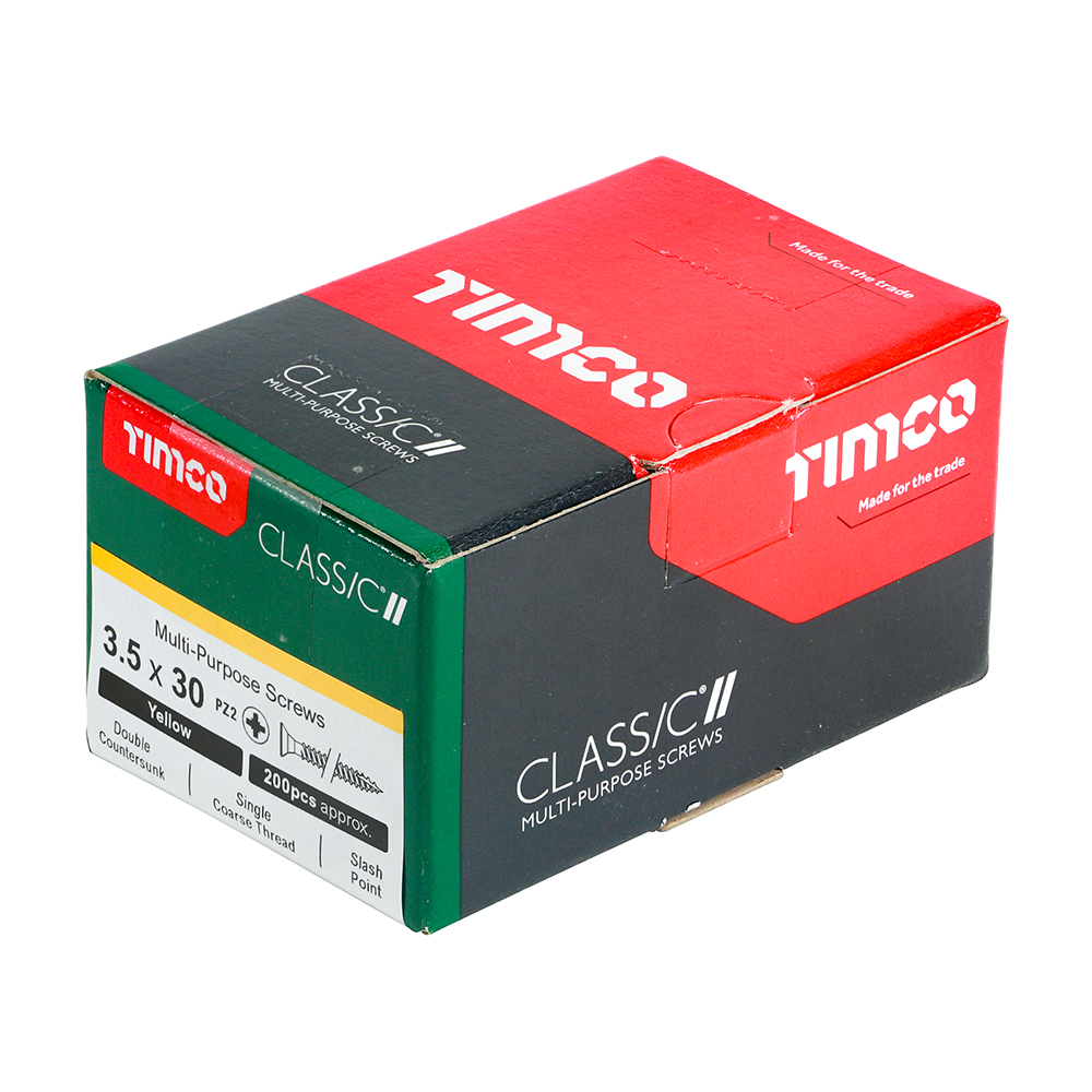 A box of TIMco Classic II multi-purpose screws, 3.5 x 30 mm, 200 pieces. The red, black, and green packaging is shown.