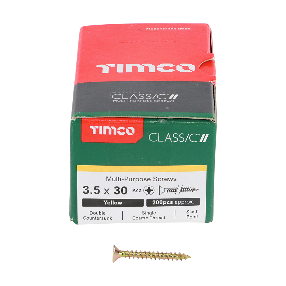 A green and red TIMCO screw box labeled 3.5 x 30 mm, yellow, with about 200 screws. One gold screw sits in front of the box.