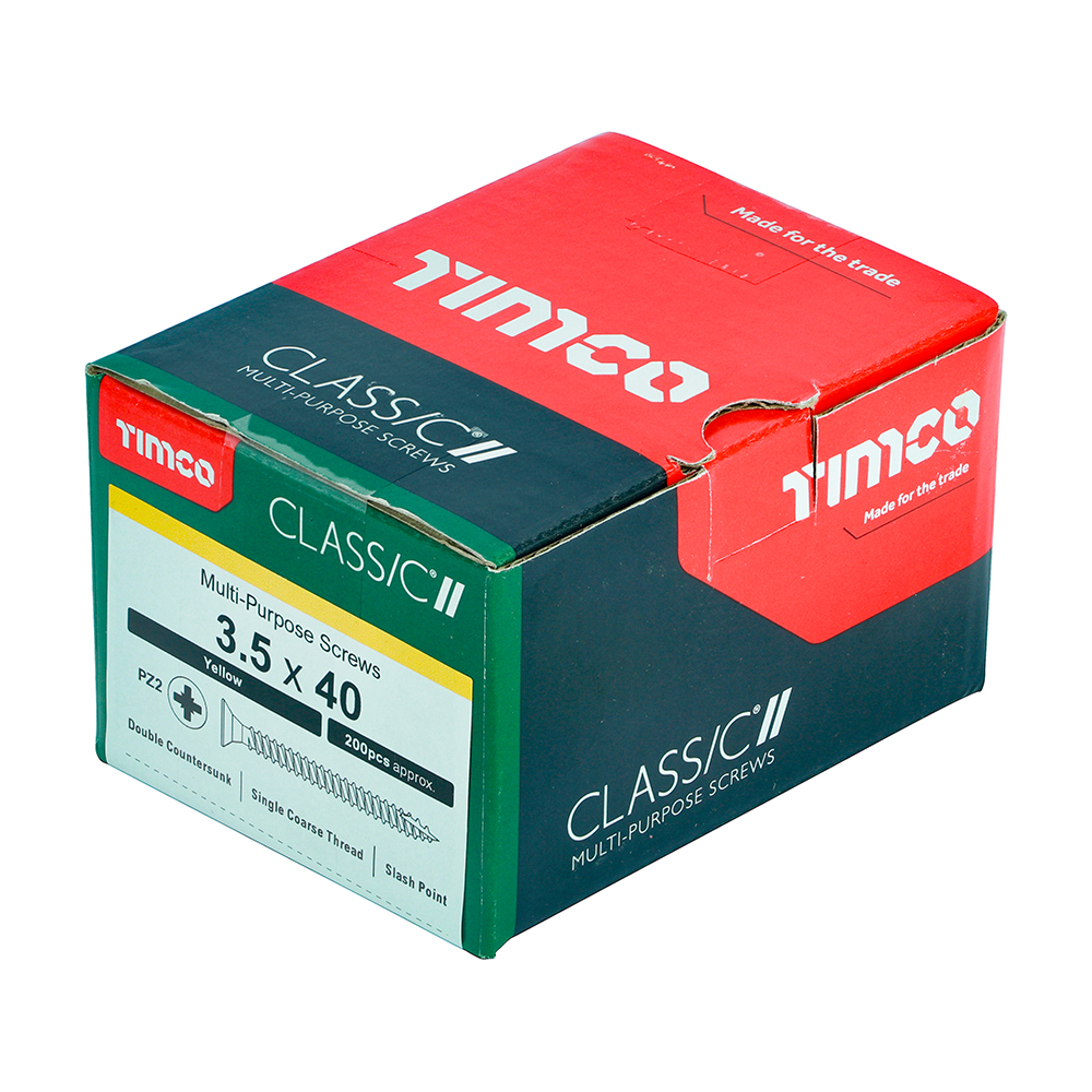 A box of Timco Classic multi-purpose screws, 3.5 x 40 mm, with green, red, and black packaging showing product branding.