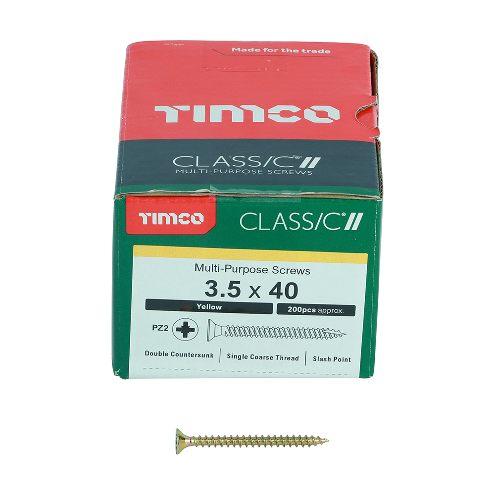 A box of TIMCO multi-purpose screws, 3.5 x 40 mm, sits upright with one yellow screw in front. The box holds about 200 screws.