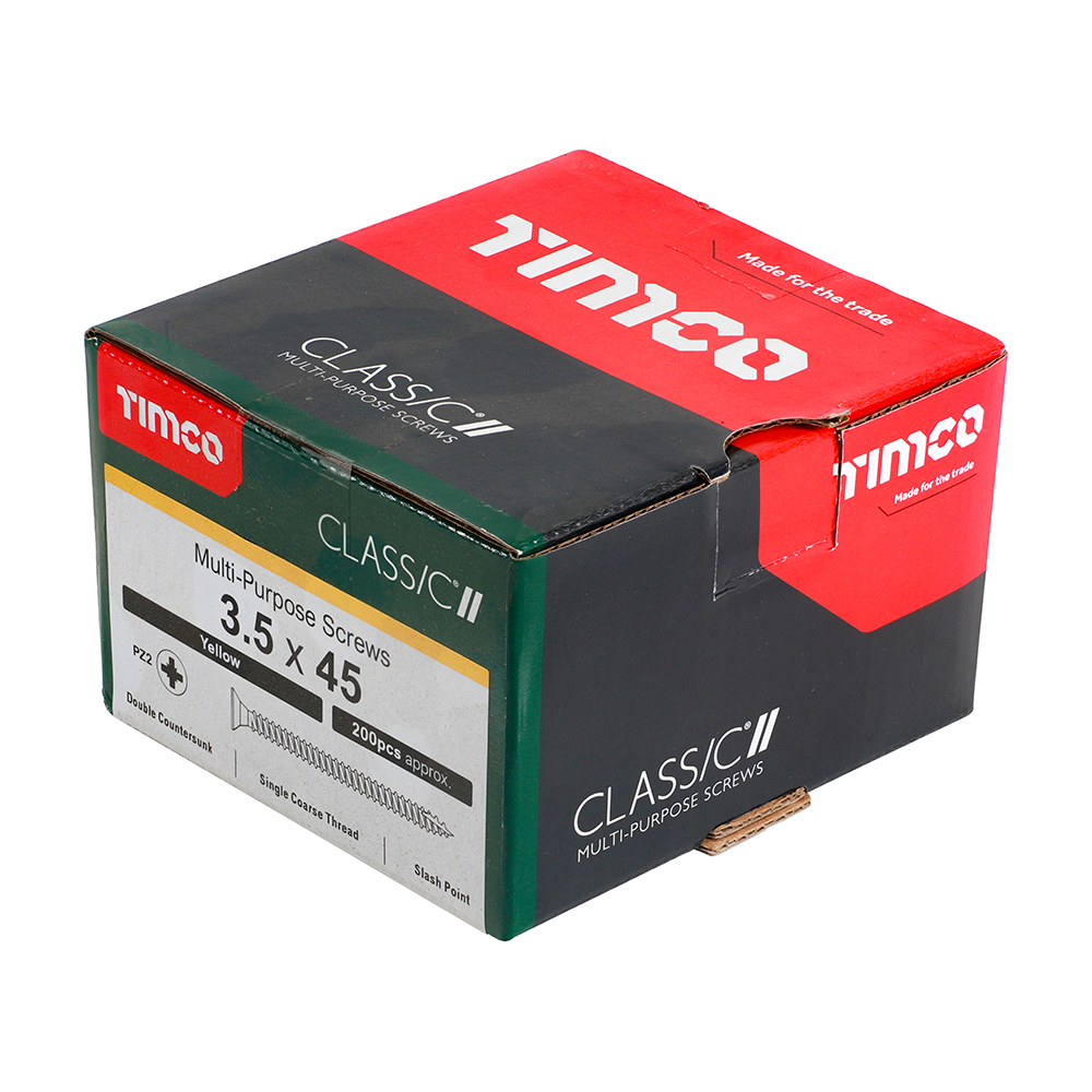 A box of Timco Classic Multi-Purpose Screws, 3.5 x 45 mm, in green and red packaging showing product info and 200 screws.