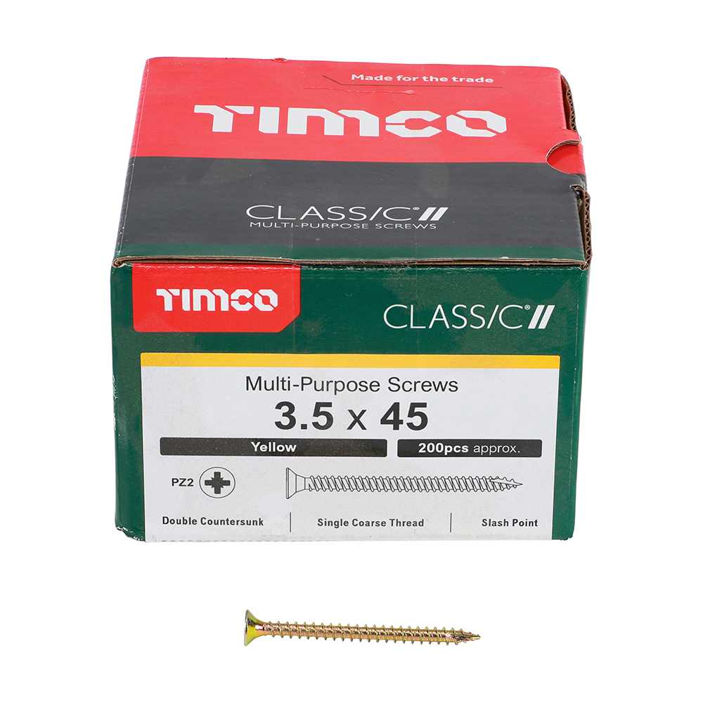 A box of TIMCO multi-purpose screws, 3.5 x 45 mm, about 200 yellow screws inside; one screw shown in front.