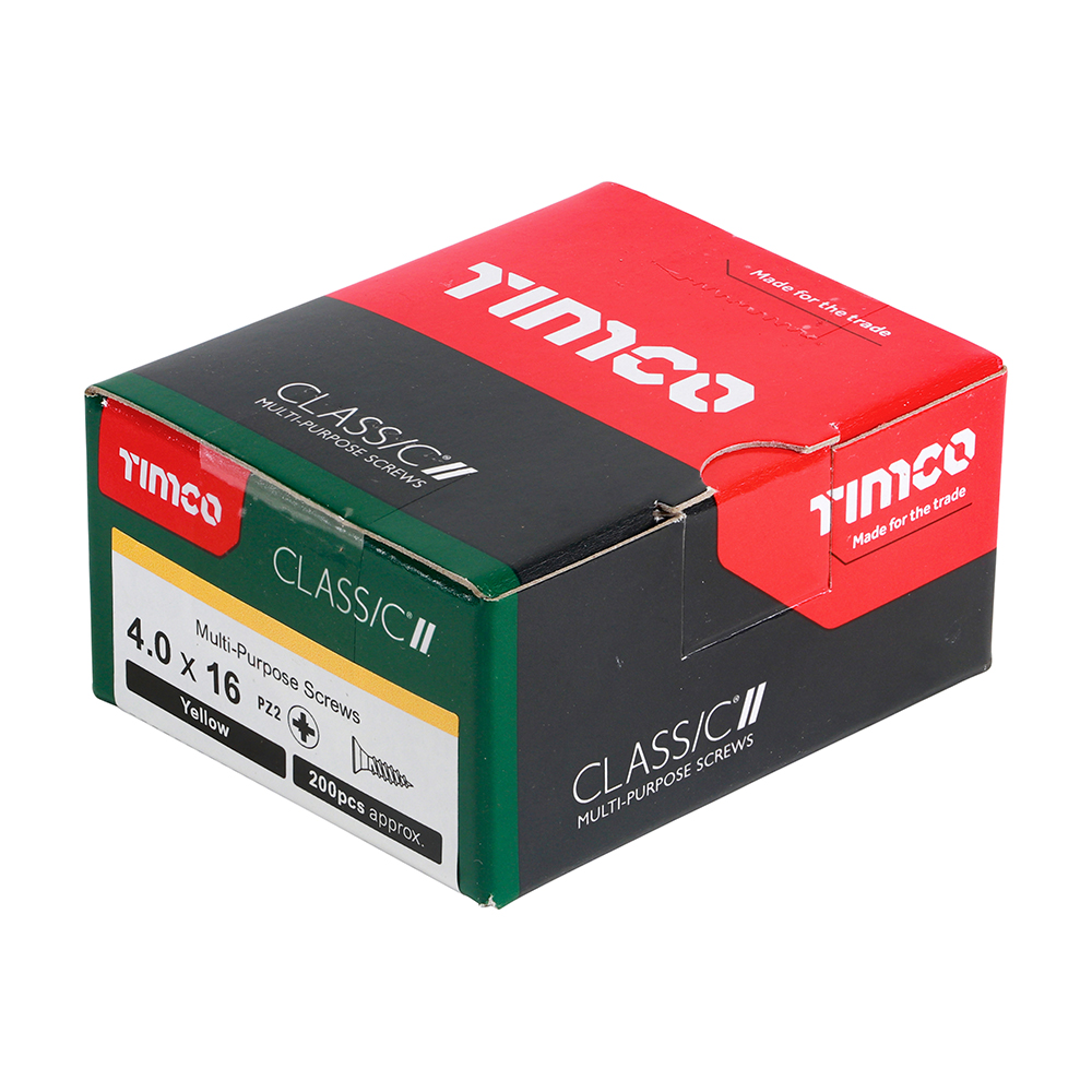 A box of Timco Classic C2 screws, 4.0 x 16mm, about 200 yellow screws inside. Box is black with red, green, and white text.