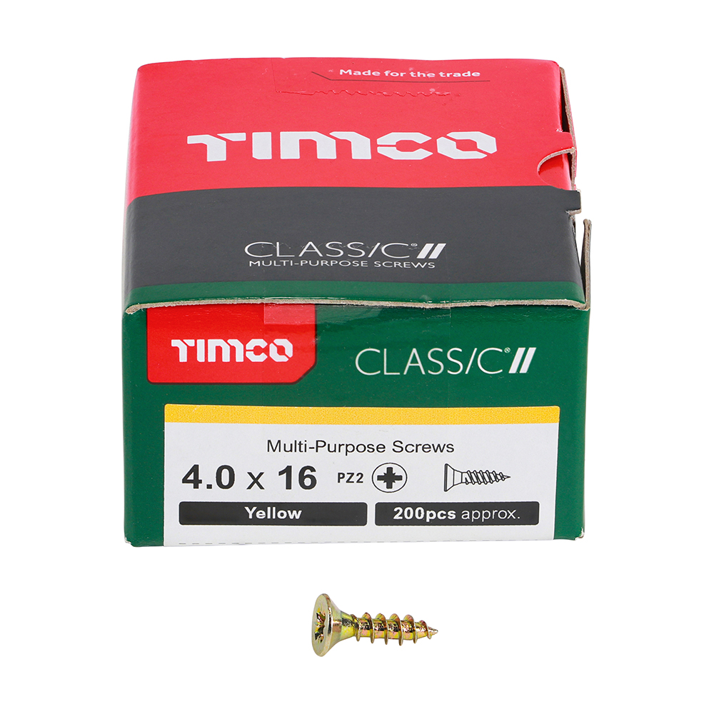 A green and red TIMCO box of multi-purpose screws is shown with a single yellow screw placed in front of the box.