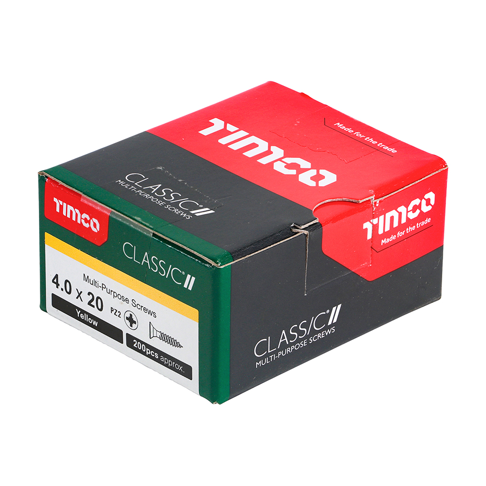 A box of TIMco CLASSIC multi-purpose screws, 4.0 x 20 mm, PZ2, yellow, about 200 pieces. The box is red, black, and green.