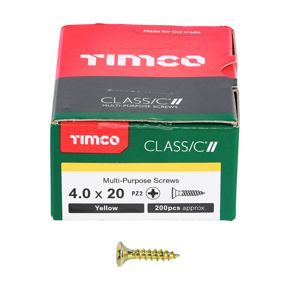 A box of TIMCO multi-purpose screws, 4.0 x 20 mm, yellow, about 200 pieces; one yellow screw is in front of the box.