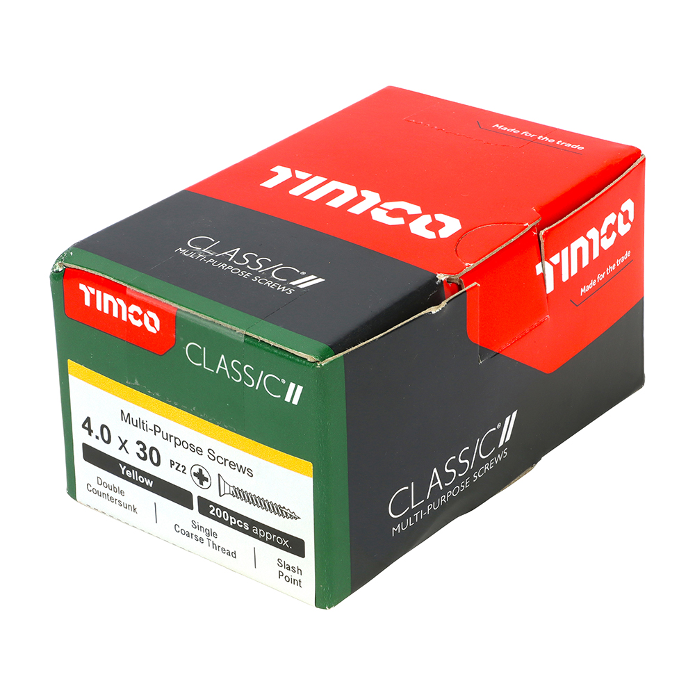A box of TIMCO Classic multi-purpose screws, 4.0 x 30 mm, yellow, 200 pieces. Black box with red and green accents.