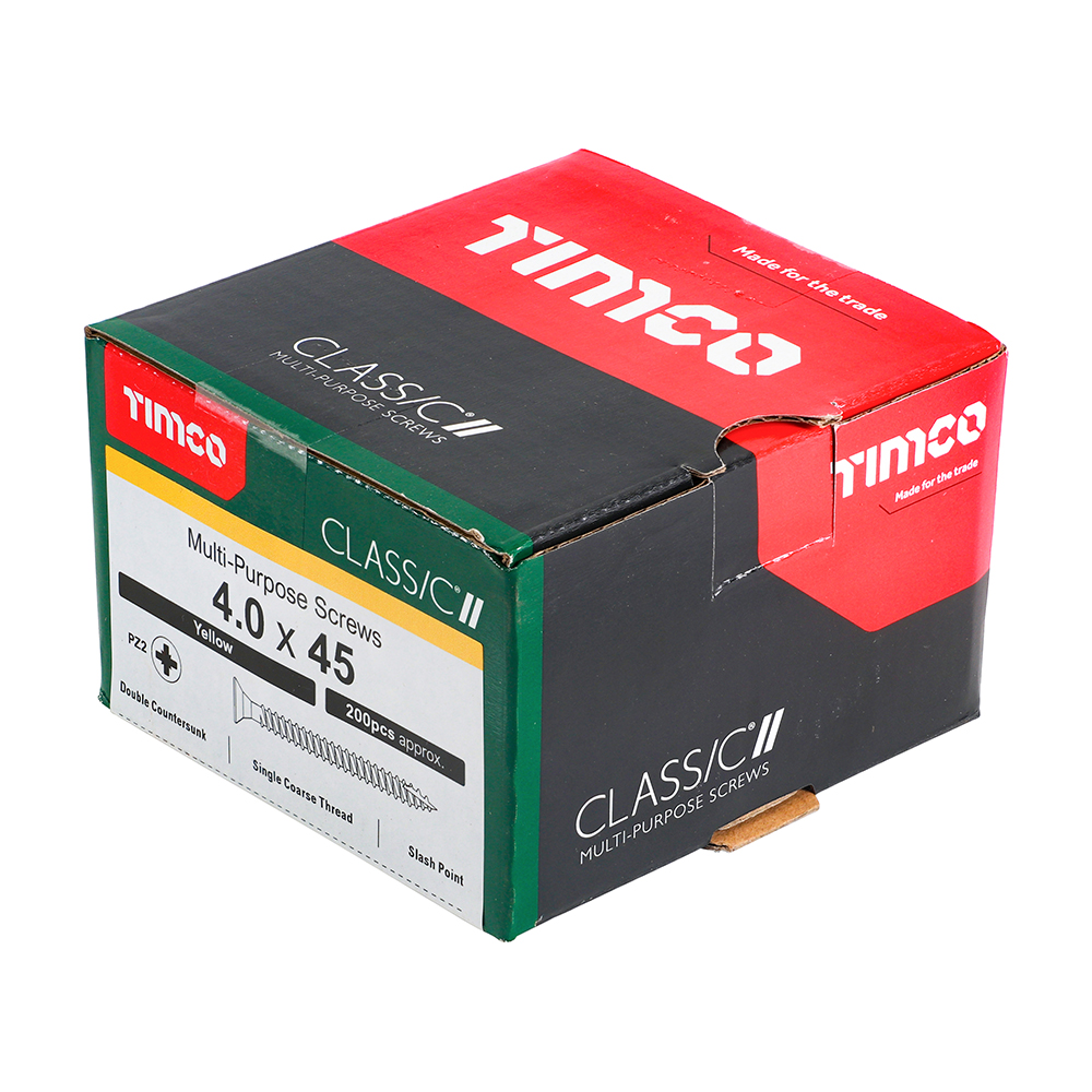 A cardboard box of Timco Classic 4.0 x 45mm multi-purpose screws, 200 count, black with red, white, and green labeling.