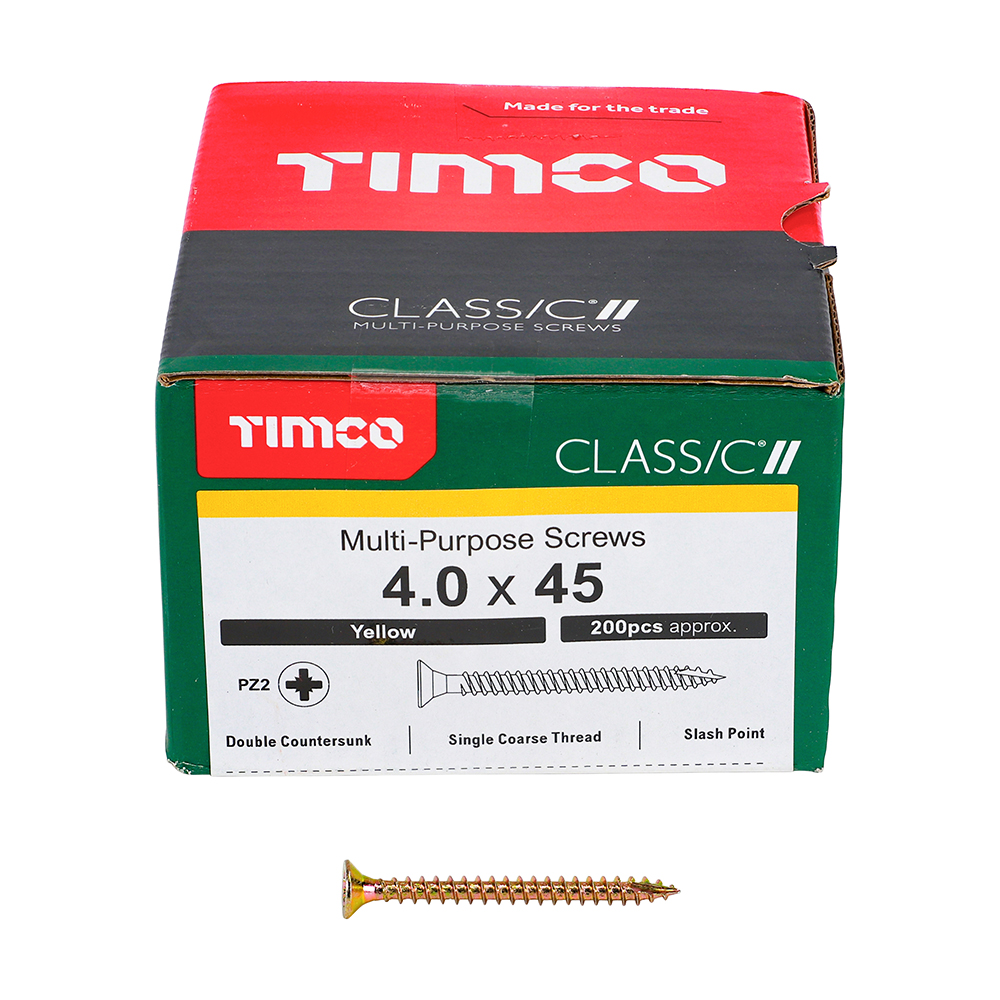 A box of TIMCO multi-purpose screws, 4.0 x 45 mm, labeled for 200 pieces, with one yellow screw in front of the box.