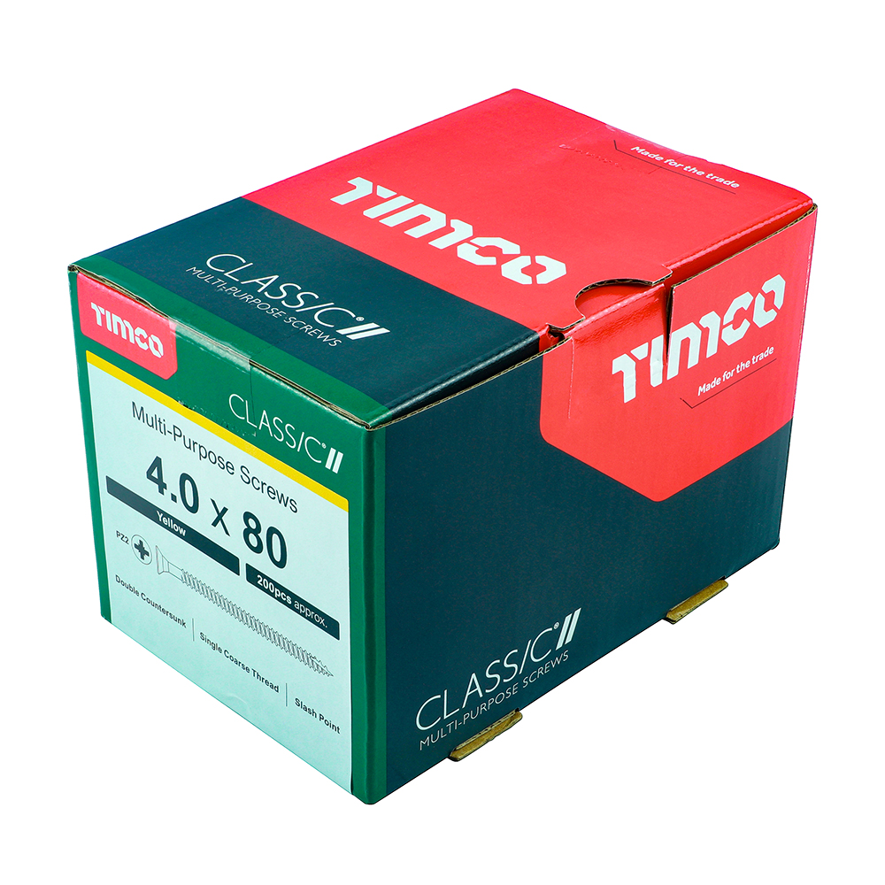 A green and red box of Timco Classic multi-purpose screws, 4.0 x 80mm, with details and branding on the side and top.