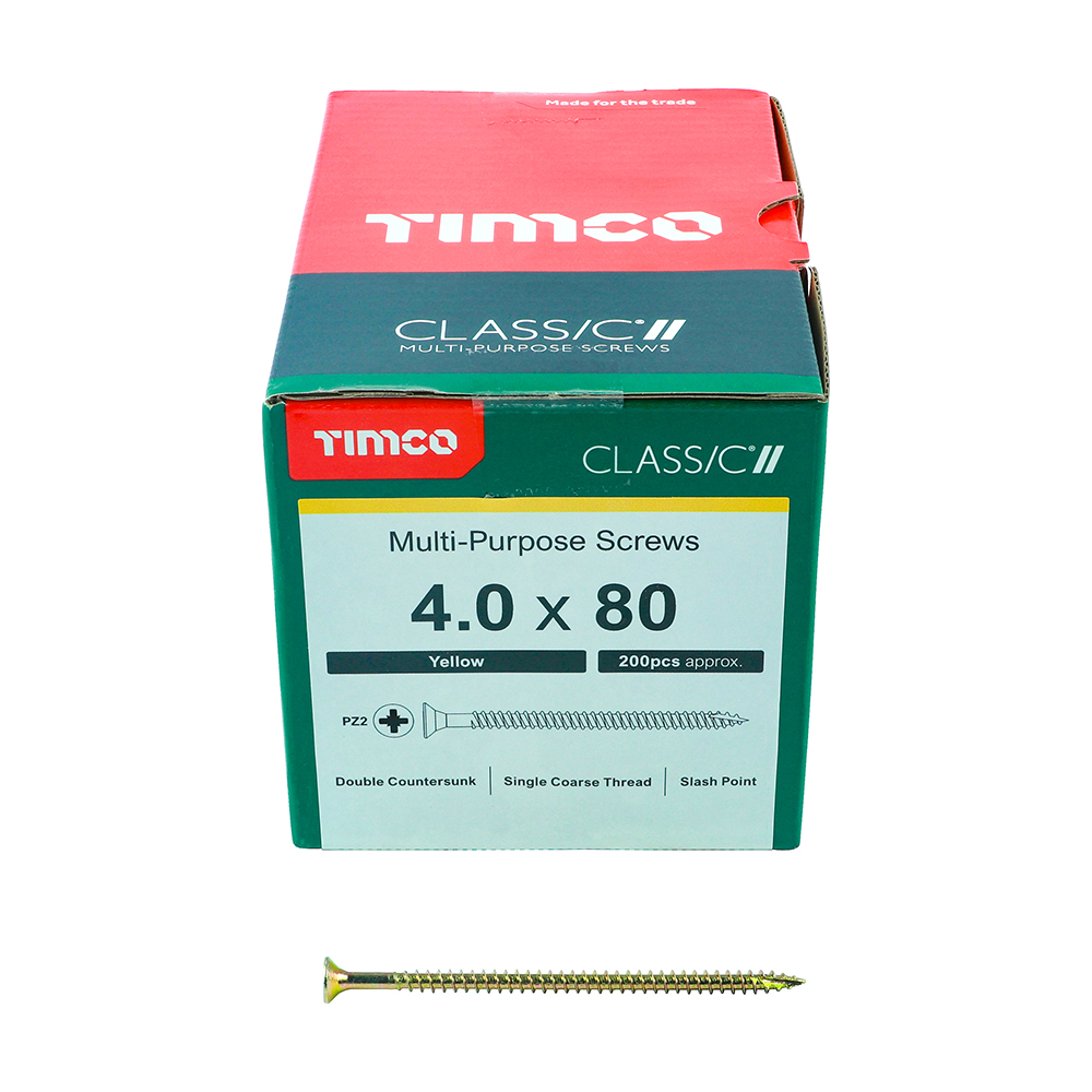 A box of TIMCO multi-purpose screws (4.0 x 80 mm, yellow, 200 pieces) with one screw in front; green and red packaging.