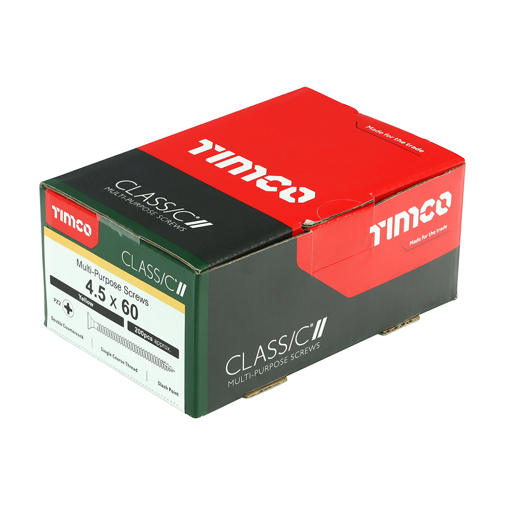 A box of TIMCO Classic II multi-purpose screws, 4.5 x 60mm, mainly red, green, and black with details on the side and top.