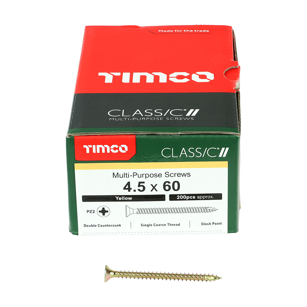 A box of TIMCO Class C multi-purpose screws, yellow finish. One screw is in front of the box to show its details.