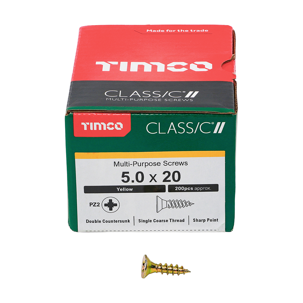 A box of TIMCO Class C 5.0 x 20 mm yellow multi-purpose screws, about 200 pieces, with one screw in front of the box.