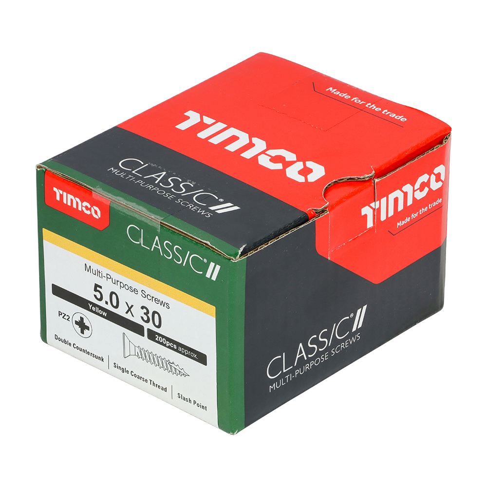 A box of TIMco Classic multi-purpose screws, 5.0 x 30 mm, about 200 pieces, in green, black, and red packaging with labels.