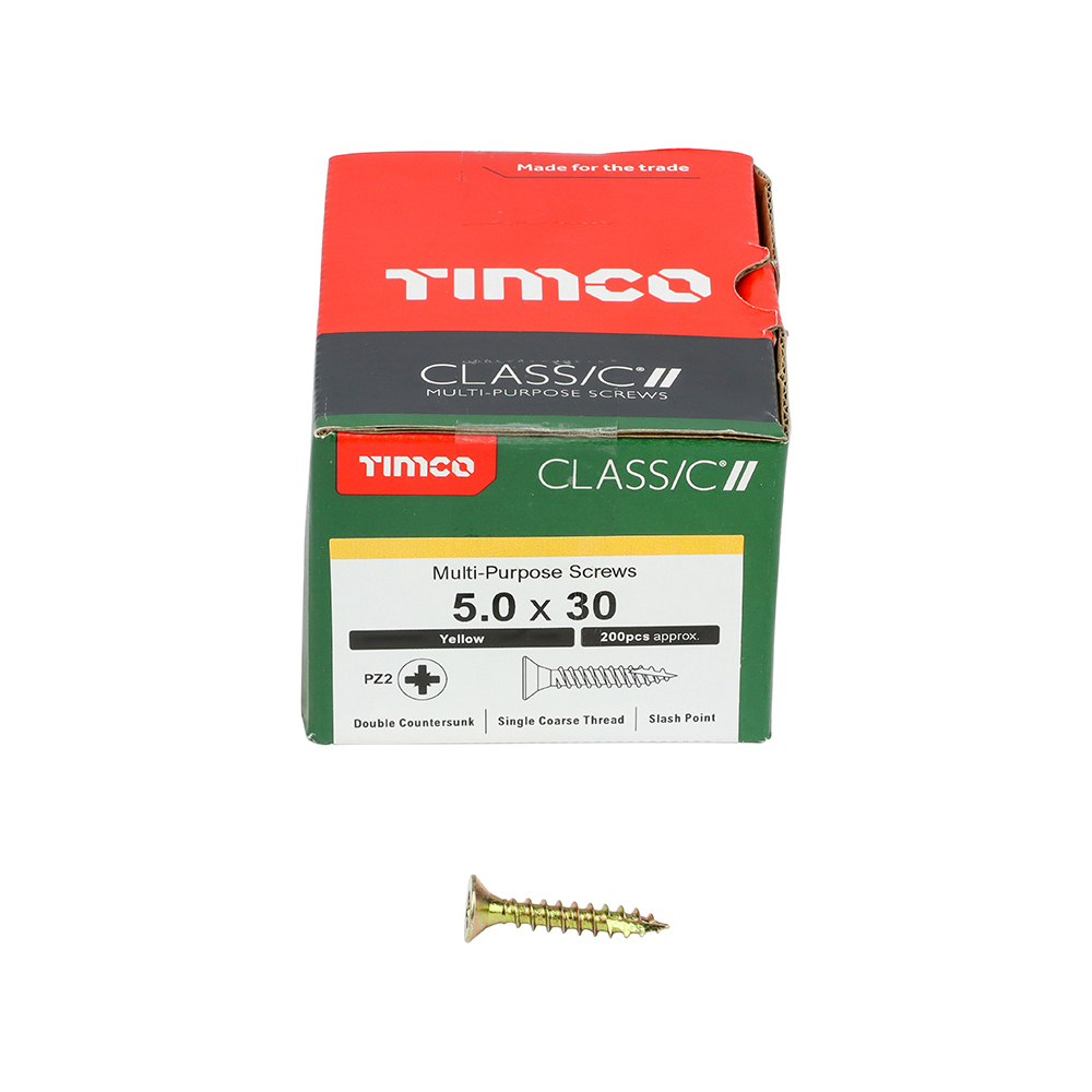 A box of Timco Classic multi-purpose screws, 5.0 x 30 mm, with a single screw placed in front on a white background.