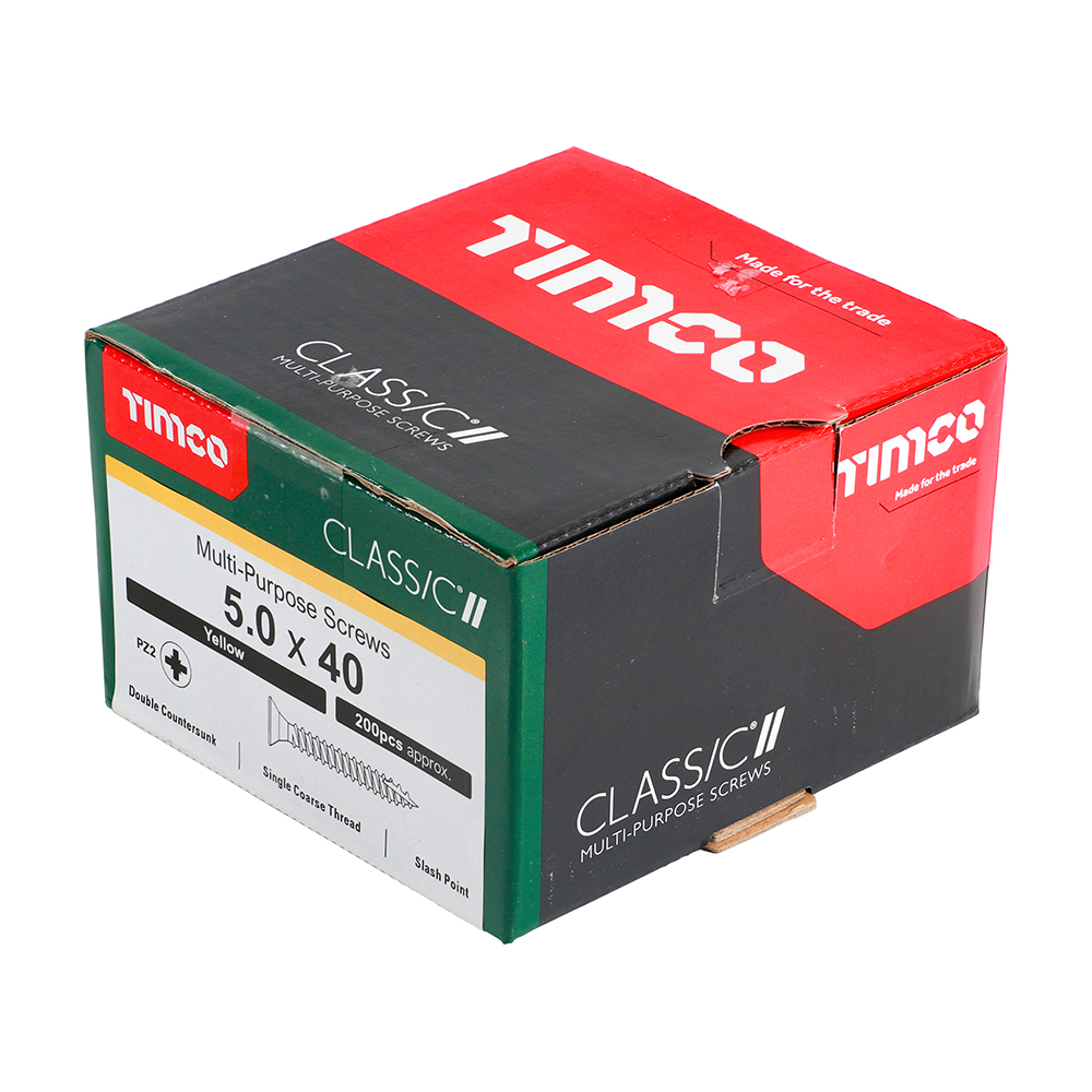 A box of Timco Classic multi-purpose screws, 5.0 x 40 mm, with black, red, and green design containing 200 yellow screws.