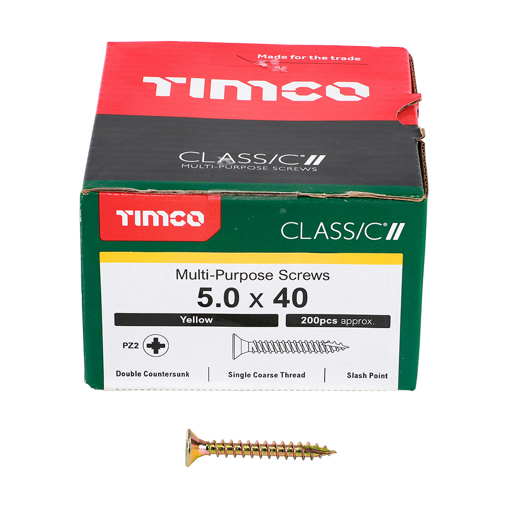 A Timco box of multi-purpose screws, 5.0 x 40 mm, 200 pieces, yellow, with feature icons; one screw lies in front.