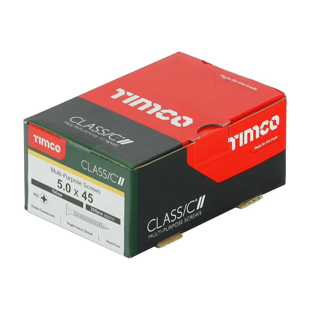 A box of TIMco Classic multi-purpose screws, size 5.0 x 45 mm, with a red and green design and details printed on the side.
