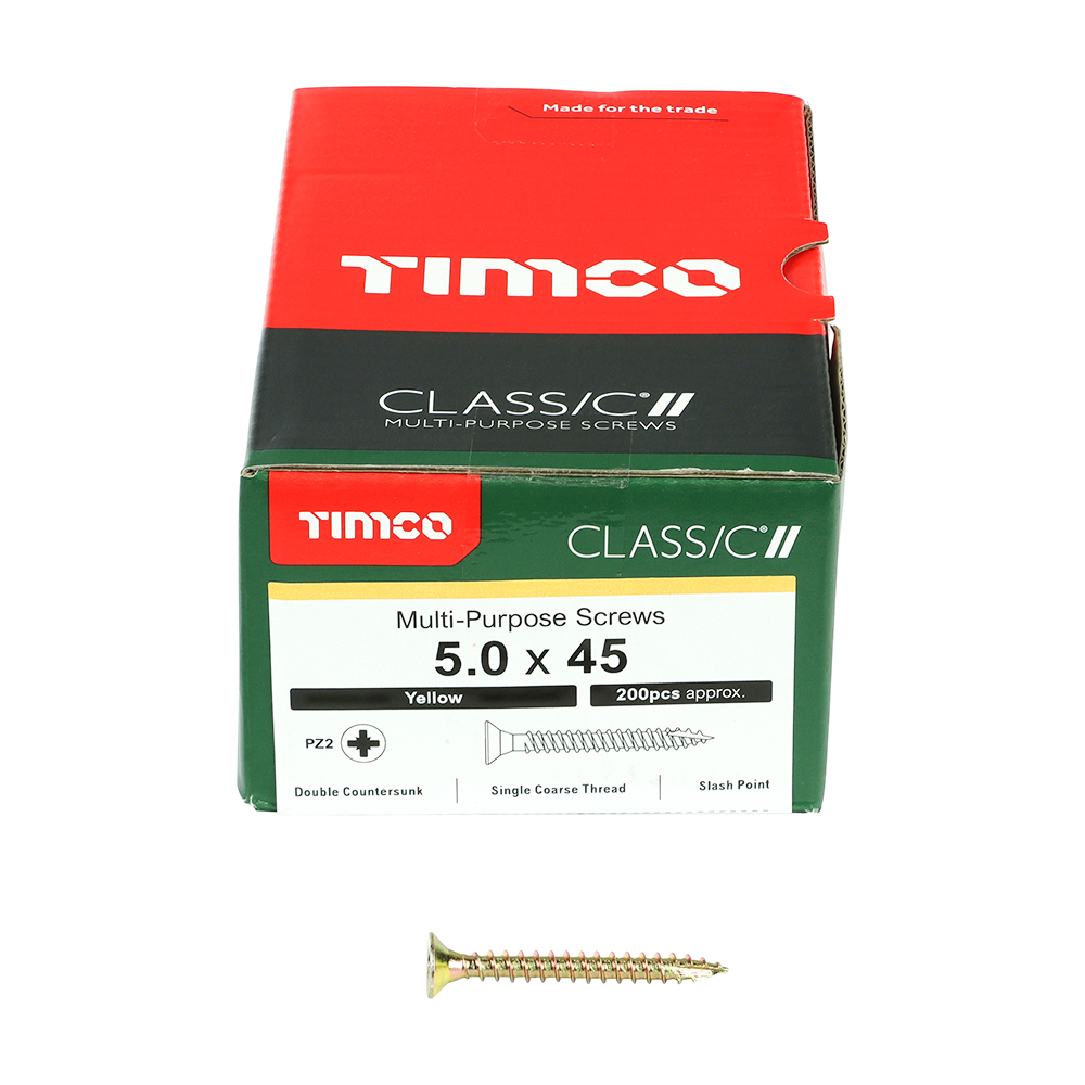 A red and green box of TIMco 5.0 x 45 mm yellow multi-purpose screws, about 200 inside, with one screw in front.