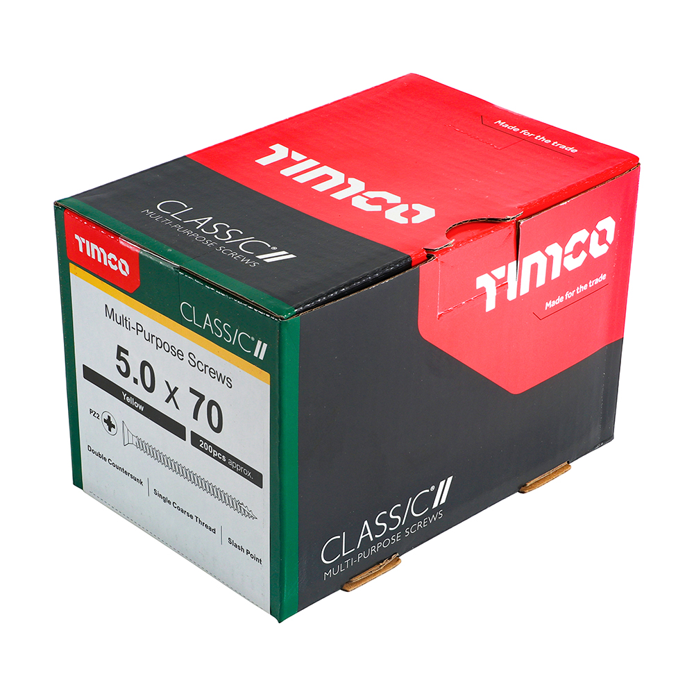 A red, green, and black box of TIMCO Classic II Multi-Purpose Screws, 5.0 x 70mm, with a white label showing product details.