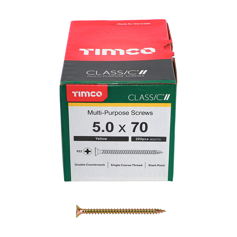 A box of TIMco Classic II multi-purpose screws, 5.0 x 70 mm, 200 pieces, with one screw placed in front of the box.
