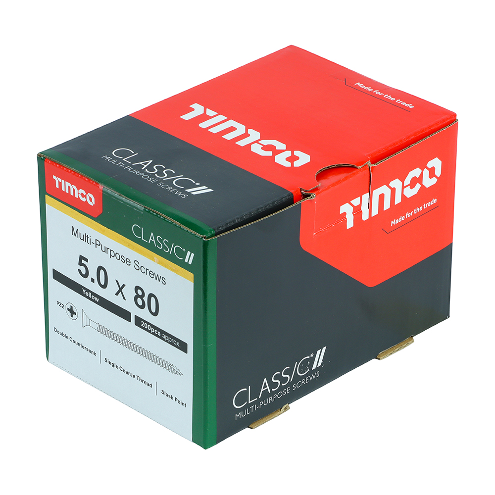 A box of TIMco Classic multi-purpose screws, 5.0 x 80mm, with green, red, and black packaging, containing 200 screws.