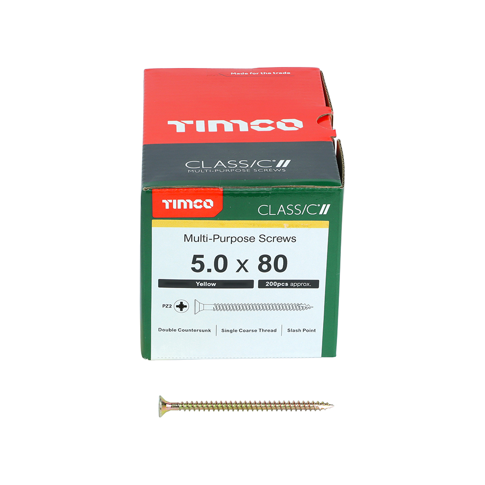 A yellow TIMCO Classic multi-purpose screws box with a screw illustration, and a single screw in front, on a white background.