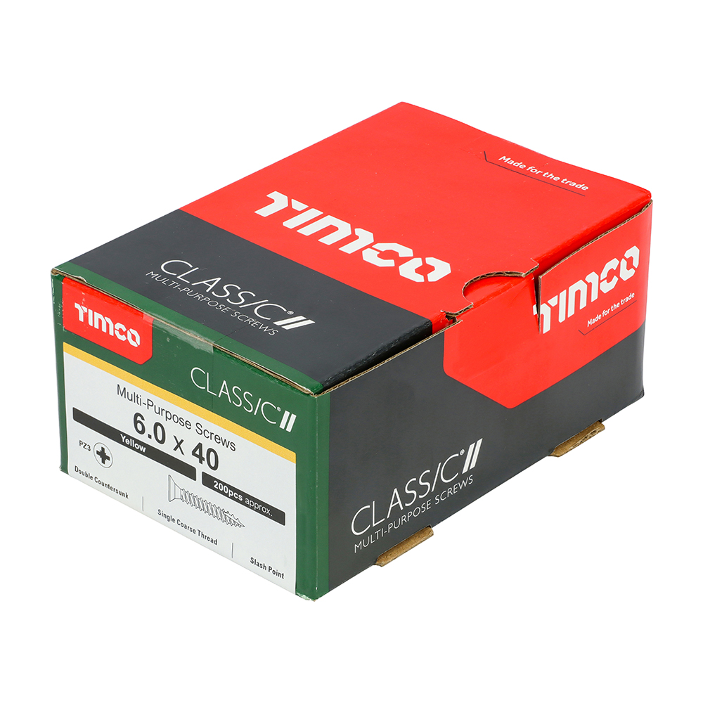 A box of TIMco Classic multi-purpose screws, 6.0 x 40 mm, with a green, red, and black design displaying branding and details.