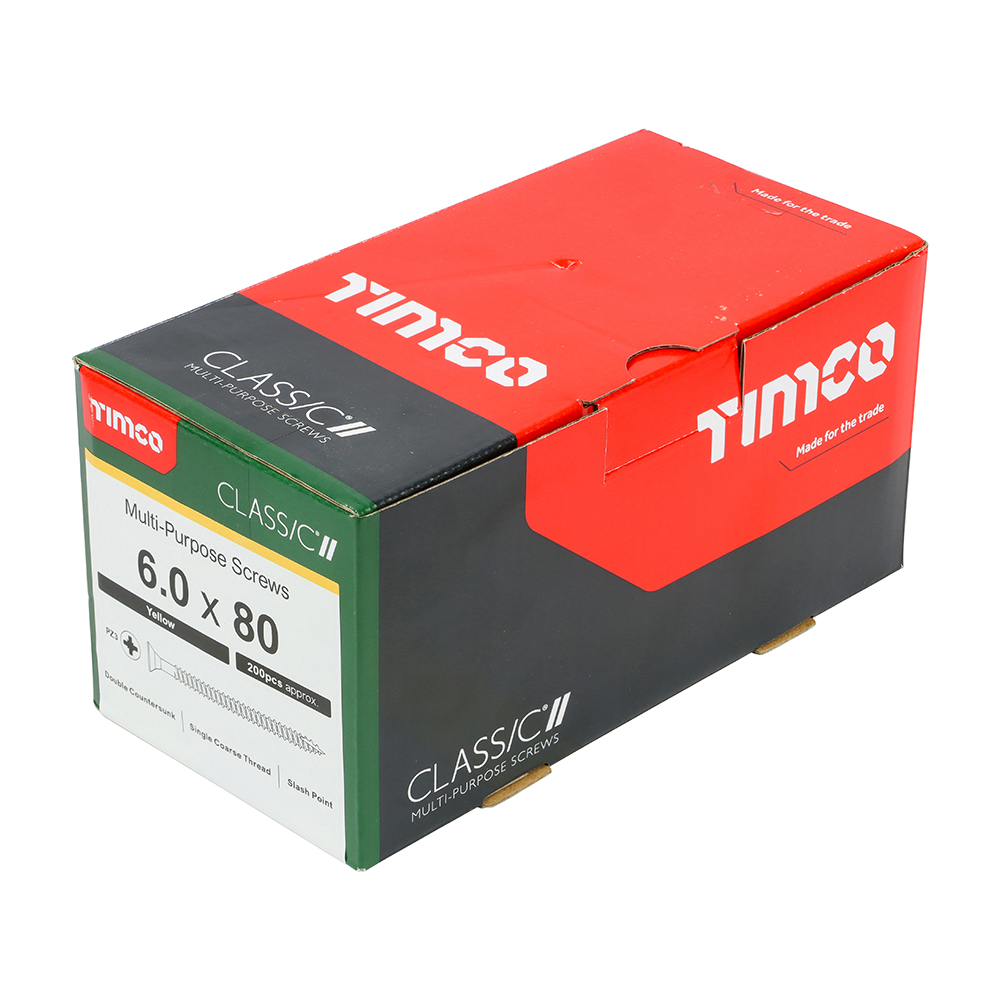 A box of TIMCO Classic II Multi-Purpose Screws, 6.0 x 80 mm, with red, black, green, and white packaging showing product details.