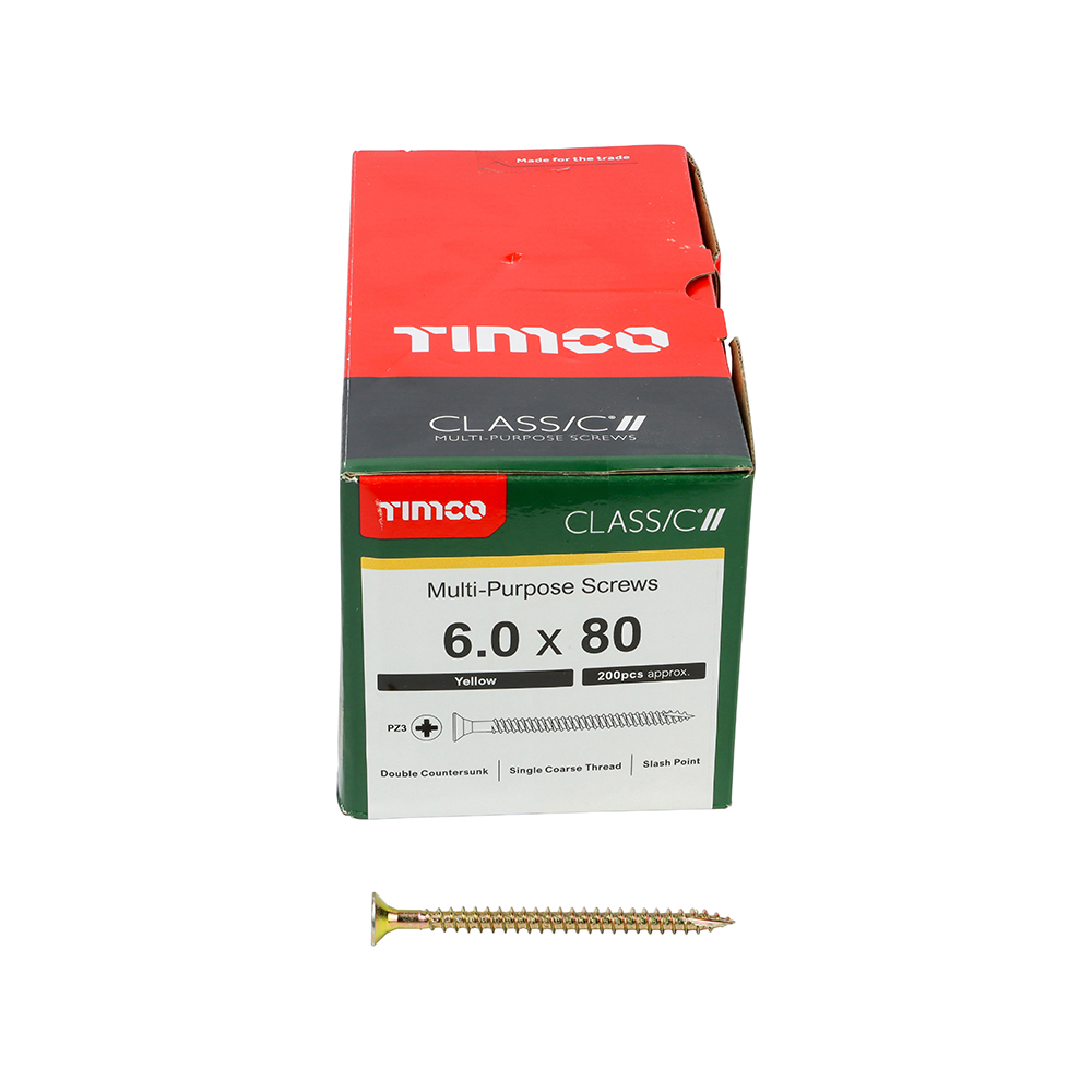 A box of TIMCO Classic multi-purpose screws, size 6.0 x 80 mm, with one yellow screw in front on a white background.