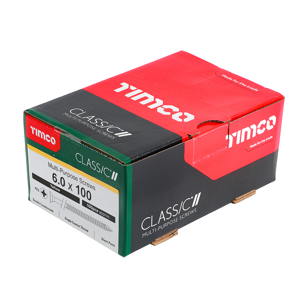 A box of TIMco Classic multi-purpose screws, labeled 6.0 x 100 mm, mostly red, black, green with white text and product details.