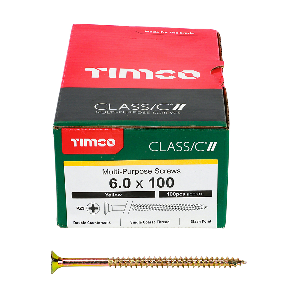 A box of TIMCO multi-purpose screws, 6.0 x 100, 100 pcs approx., with a yellow screw in front. Packaging is red, green, white, black.