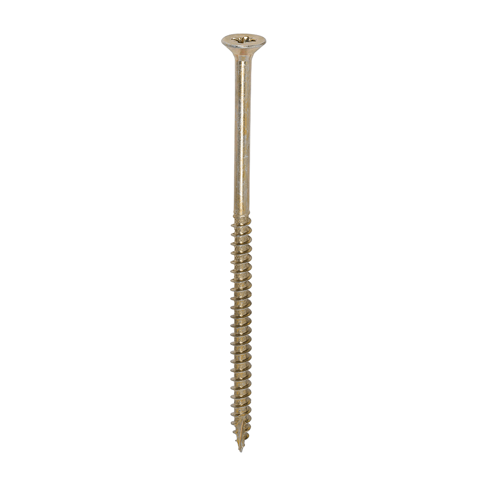 A single gold-colored wood screw with a flat Phillips head and a partially threaded shank on a plain white background.
