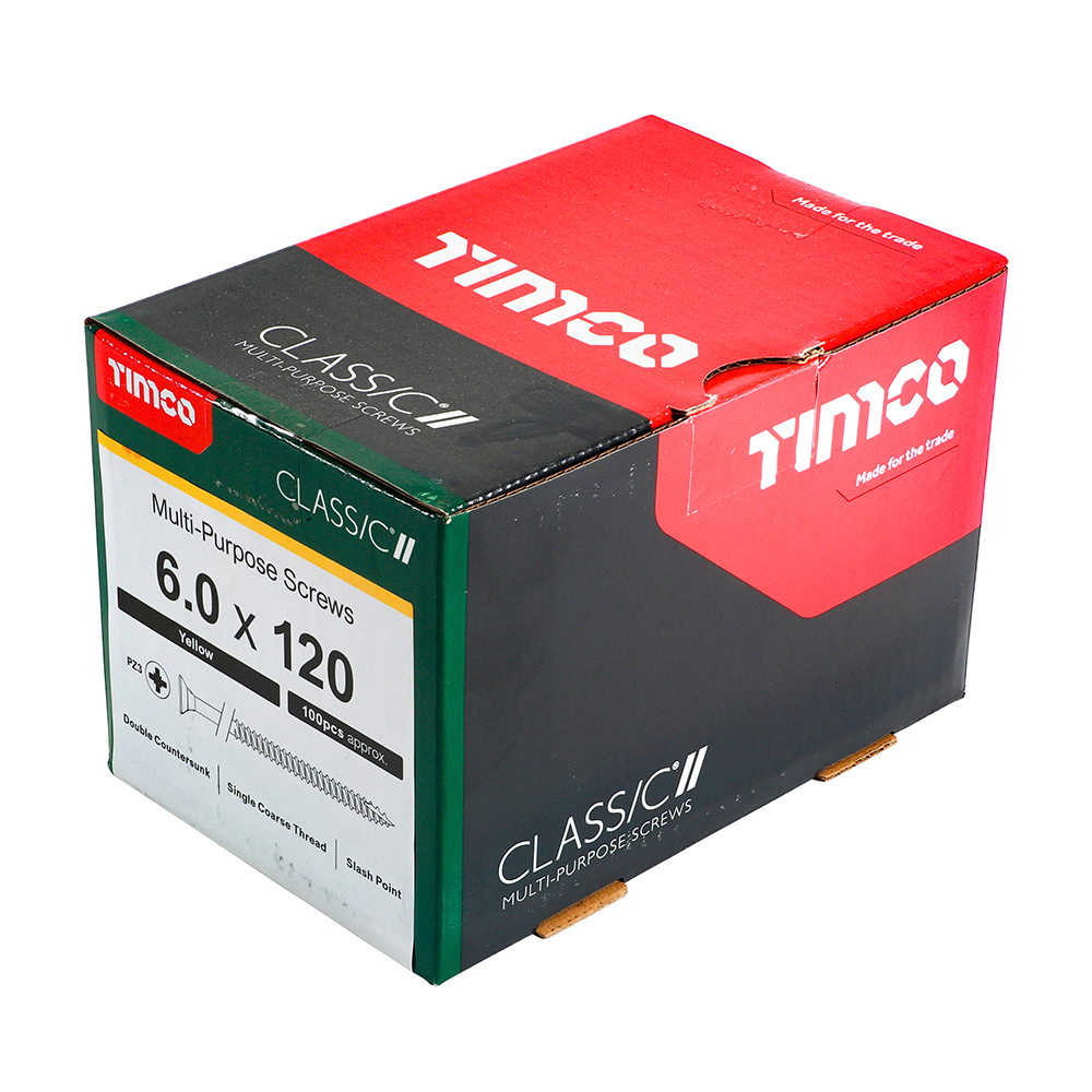 A boxed package of Timco Classic C2 multi-purpose screws, 6.0 x 120mm, 100 pieces. Box is red, green, and black with details.