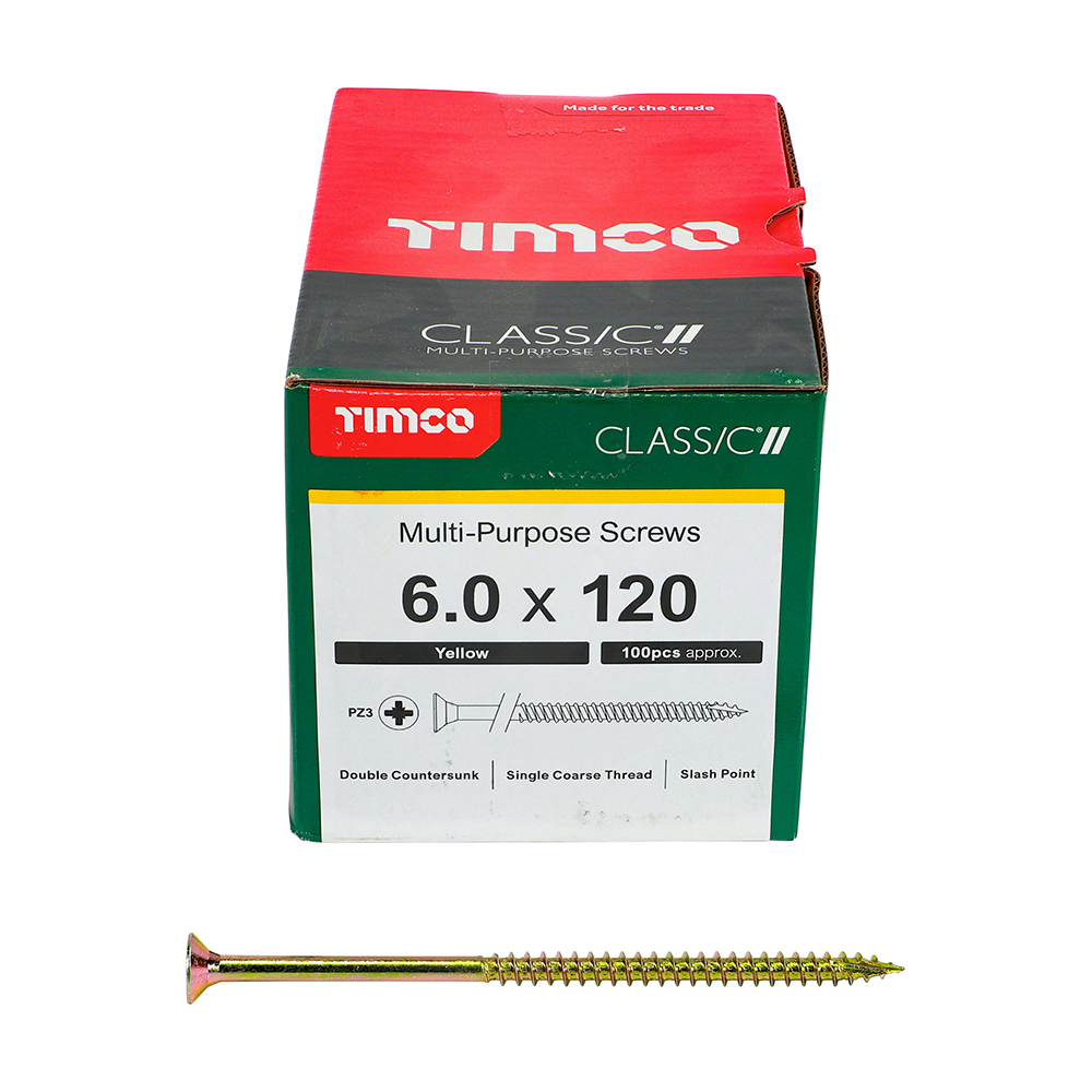 A TIMCO Multi-Purpose Screws box (6.0 x 120 Yellow, 100 pcs) sits behind a yellow screw, showing its specs and features.