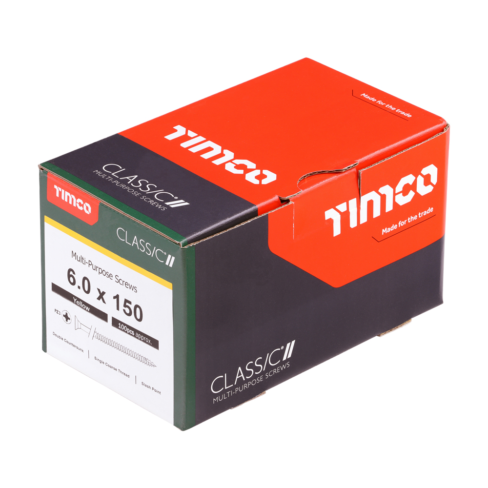 A closed box of Timco Classic Multi-Purpose Screws, labeled 6.0 x 150 mm, mostly black with red, white, and green details.