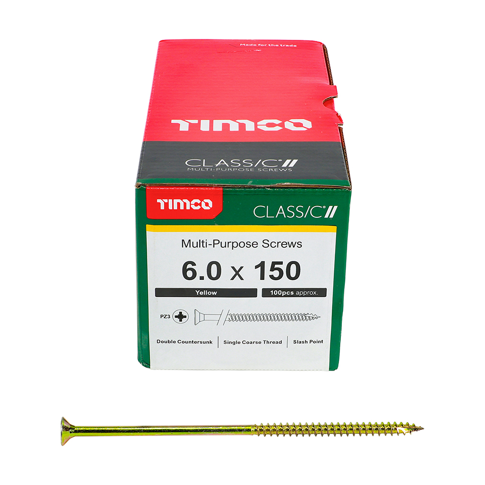 A box of Timco multi-purpose screws (6.0 x 150 mm, yellow, 100 pcs) with one screw in front; box notes double countersunk head.
