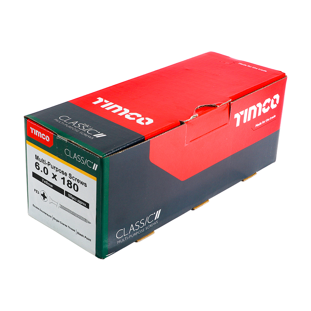 A box of Timco Classic II multi-purpose screws, size 6.0 x 180 mm, with a red and green design and detailed packaging.