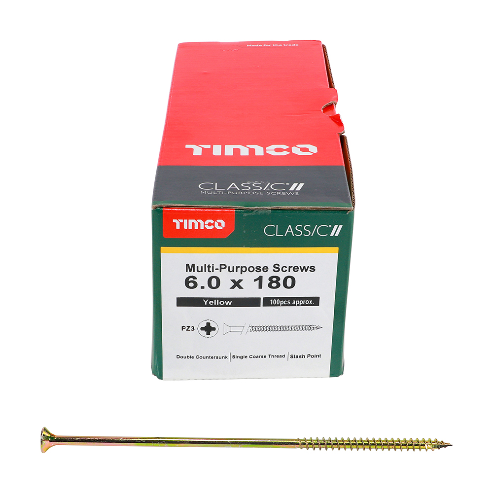 A box of Timco 6.0 x 180 yellow multipurpose screws sits behind a single yellow screw lying horizontally in front.