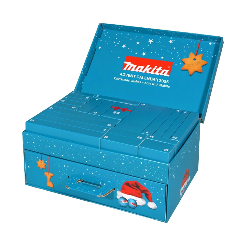 The Makita P-84816 Advent Calendar 2025 is open, revealing numbered compartments on a festive blue box with holiday decorations.