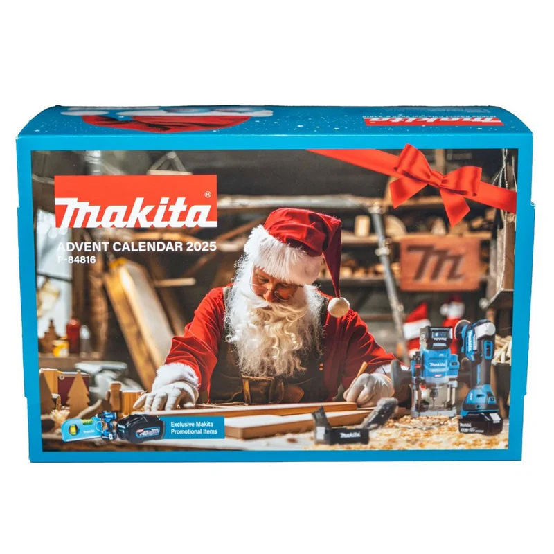 The Makita P-84816 Advent Calendar 2025 shows Santa at a workbench with mini tool toys, festive decor, and a red bow on the box.