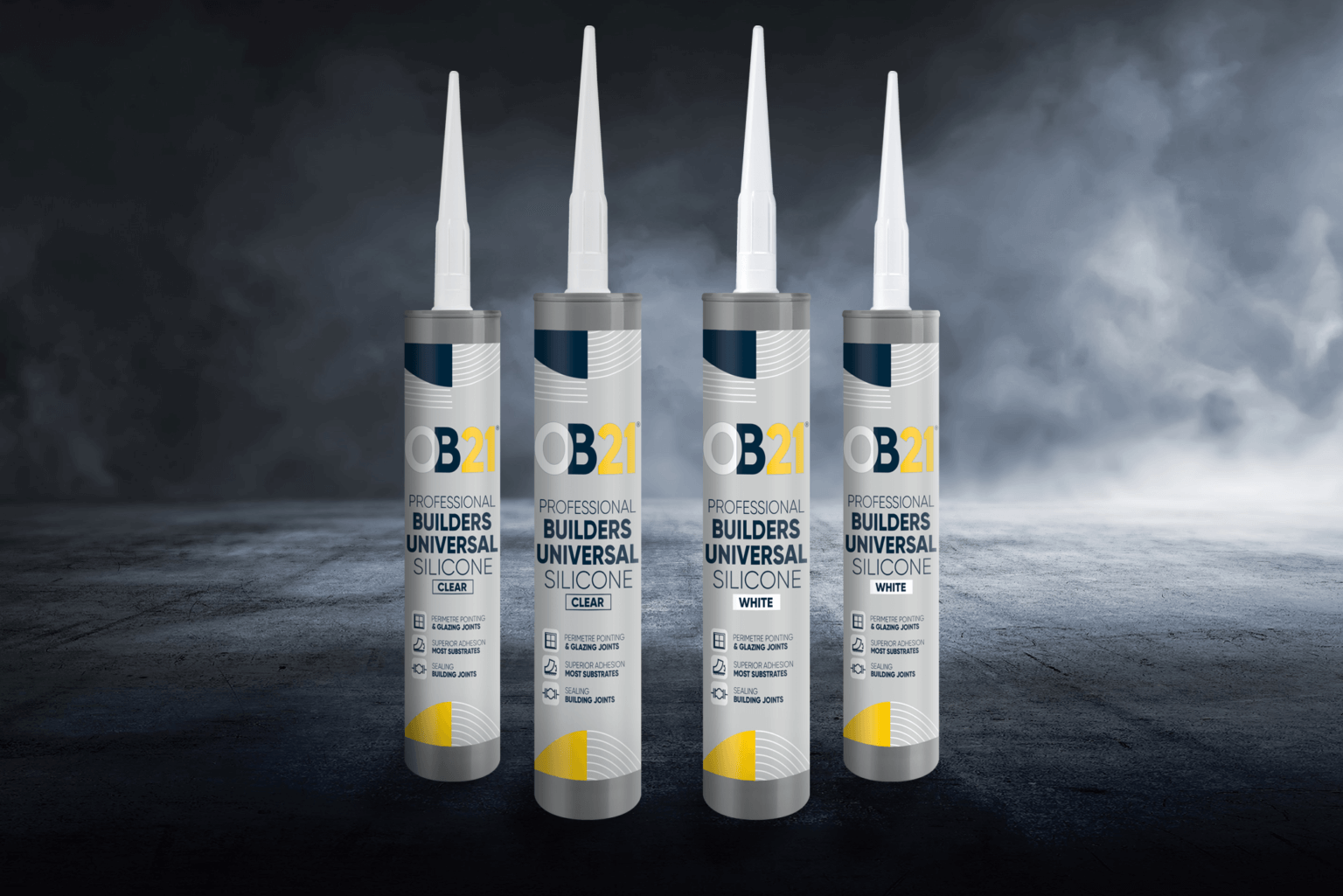 Four OB1 OB21 Professional Builders Universal Silicone tubes in clear and white stand upright on a dark, cloudy background.