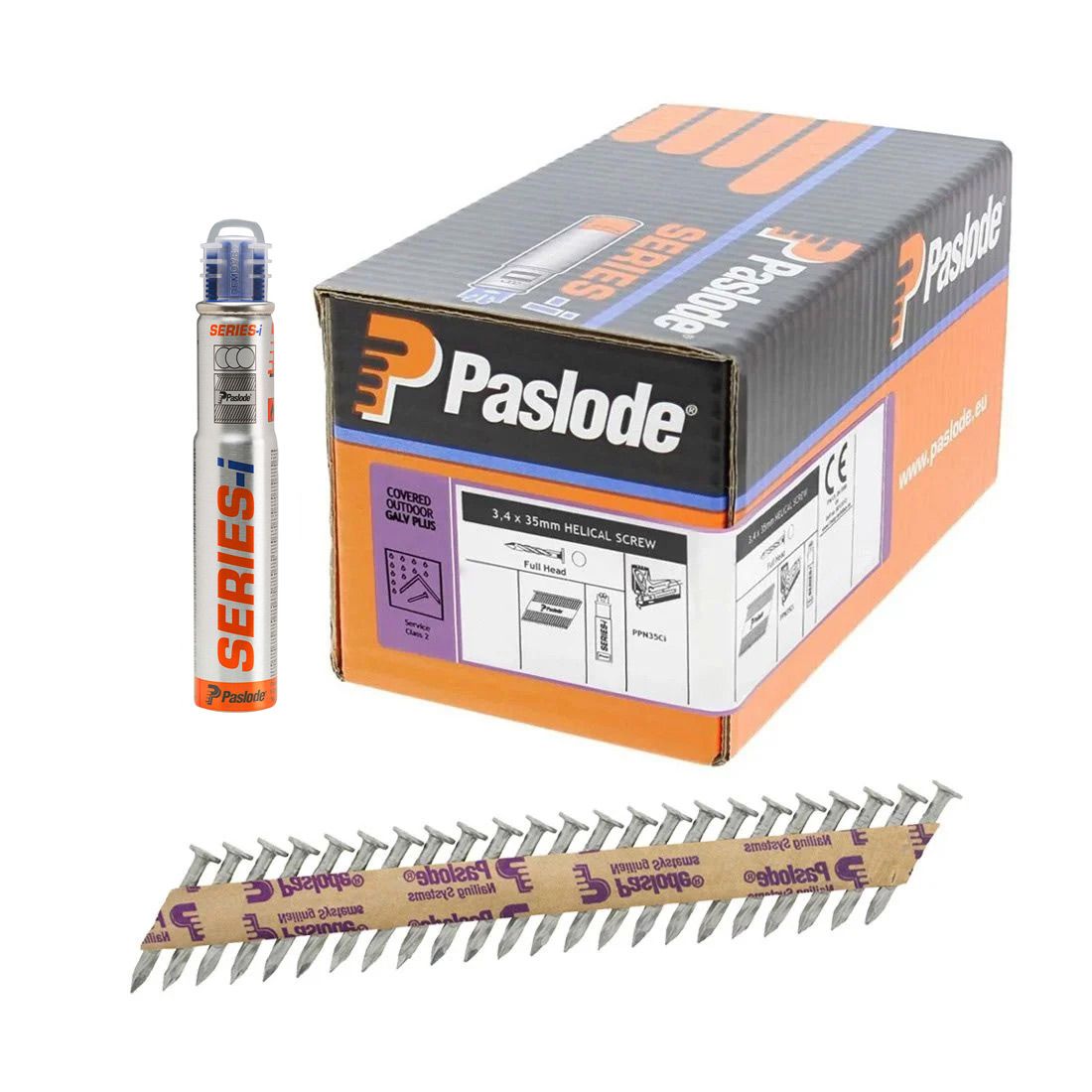 A row displays a Paslode box with 2500 35mm twisted nails and 2 gas cells, suitable for construction or carpentry nail guns.