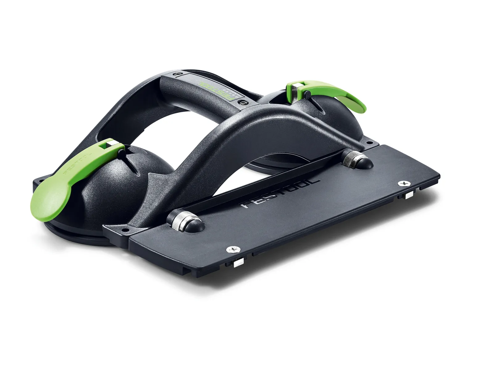 The Festool 577294 GECKO DOSH-Set Dual Suction Pad in black and green with two cups and green levers on a white background.