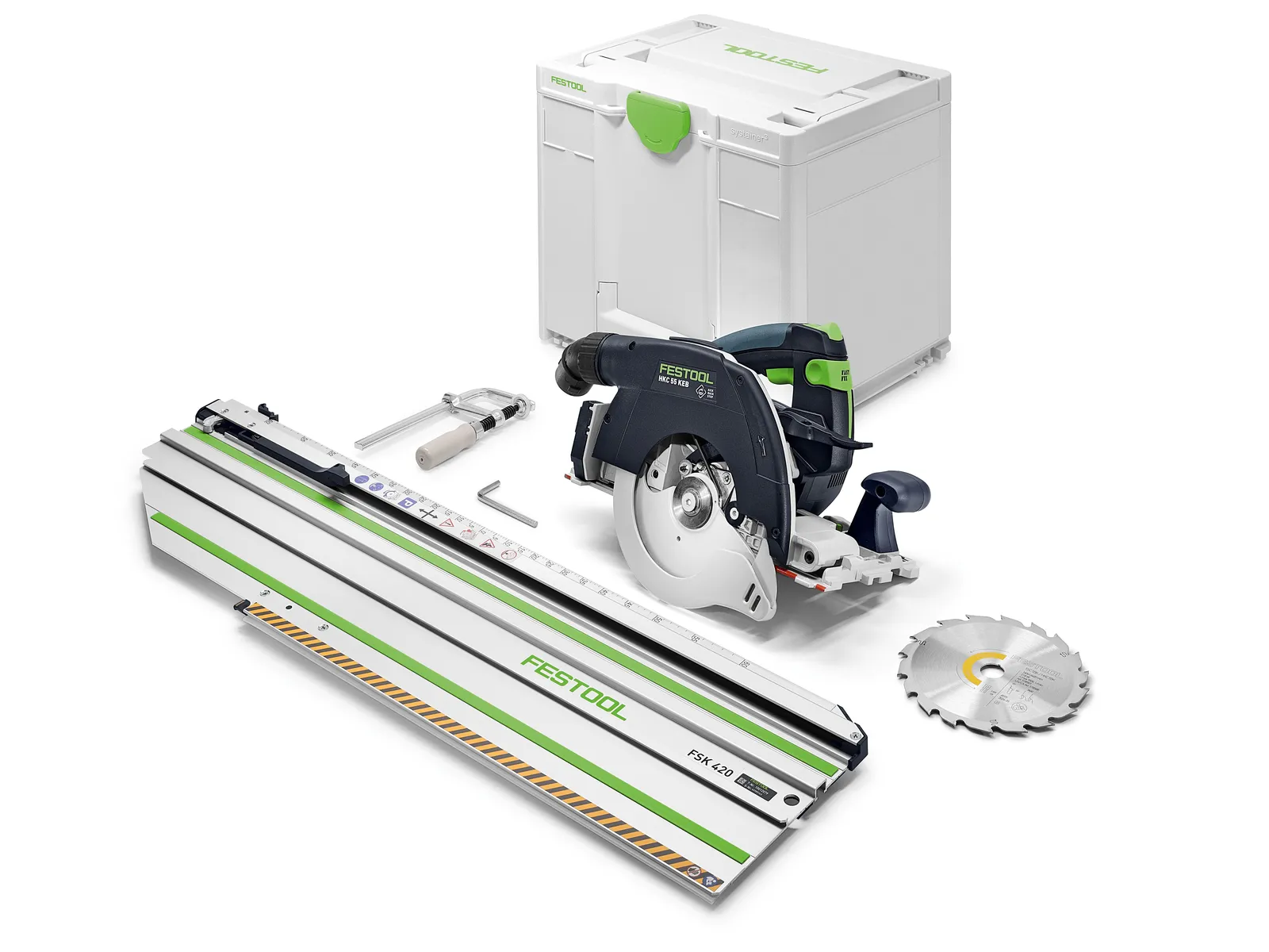 The Festool 578704 HKC 55 KEB-Basic-FSK 420 Cordless Circular Saw with FSK 420 guide rail and extra blade in a white case.