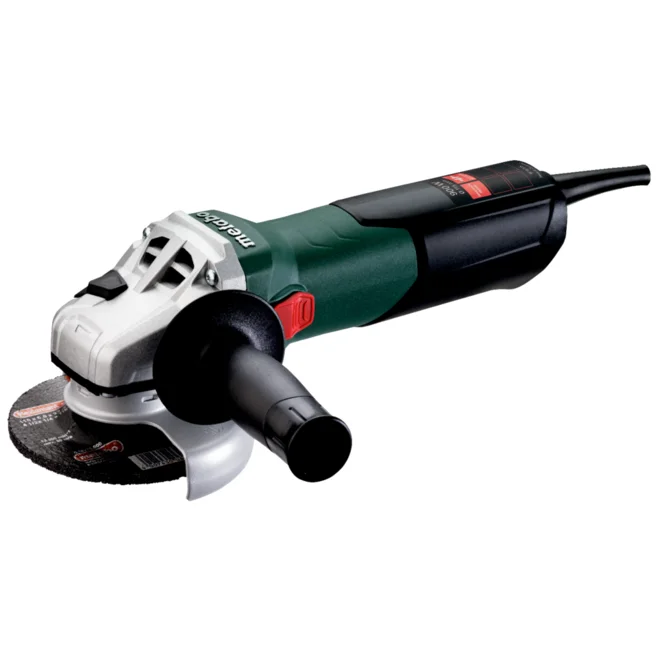 The Metabo W 9-115 (600354380) Angle Grinder has a black and green body, side handle, front cutting disc, and rear power cord.